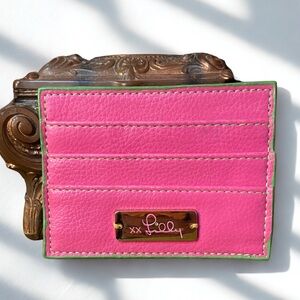 Lilly Pulitzer Pink Leather Card Holder with Green Trim Gold Hardware 4.25x3.25